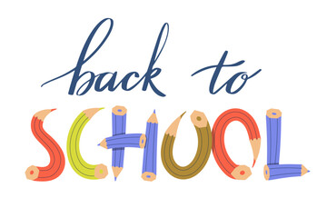 Back to school lettering written with calligraphic colored font and decorative font with pencils. Hand drawn lettering