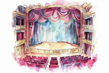 Theater stage in watercolor with red curtains, wooden seats, and ornate arch. Children's Book Illustration