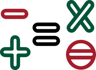 Fototapeta premium Colorful mathematical symbols representing addition, subtraction, multiplication, and division on a white background.