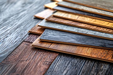 Square samples of wood laminate flooring and vinyl tiles.