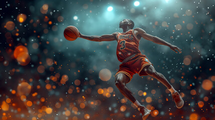 Basketball Player Jumping High Attempting to Dunk Ball into Hoop