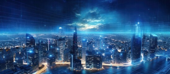 Futuristic Cityscape with Digital Overlay