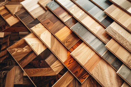 Square samples of wood laminate flooring and vinyl tiles.