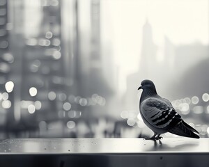 a black and white photo of a pigeon on a ledge - Powered by Adobe