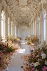 Fototapeta premium An empty white stage surrounded by flowers that filling up the floors 