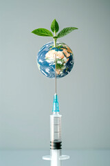 Syringe injecting into a globe with green plant