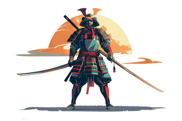Samurai warrior: A Japanese samurai in elegant armor, holding a katana, on a minimalist white setting.