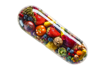 nutritional supplement capsule filled with fruits, vegetables, nuts and beans, on a crisp white background.