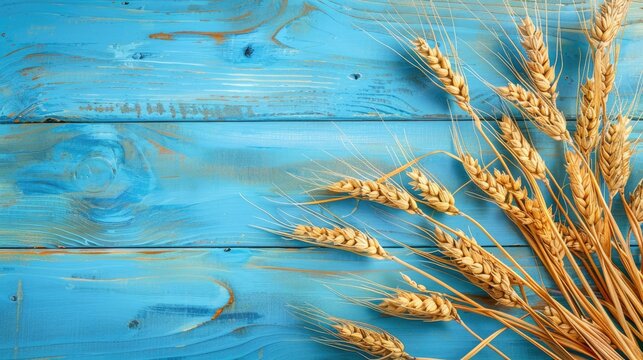 World Food Day Concept with Wheat Ears on Blue Wooden Background - Powered by Adobe