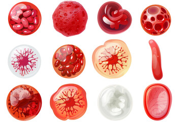 Fototapeta premium A set illustrations showcasing different types of human cells, including red blood cells, white blood cells, and platelets.