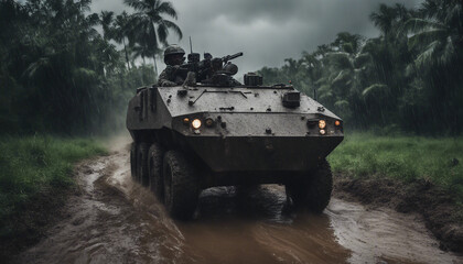 Fototapeta premium An armored personnel carrier maneuvering through a muddy jungle terrain during the rainy season 