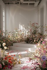 An empty white stage surrounded by flowers that filling up the floors 