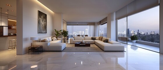 Elegant Modern Living Room with Panoramic Window View in Luxurious Home