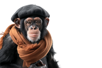 A chic chimpanzee wearing a stylish beret and scarf, posing confidently against a pristine white backdrop.