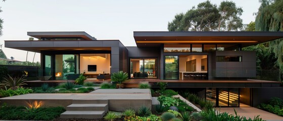 Fototapeta premium Contemporary Elegance: Luxurious Modern House with Rooftop Garden and Outdoor Seating Area