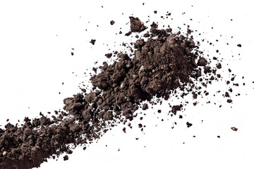flying and scattered soil dirt in the air, isolated on a clean white background,