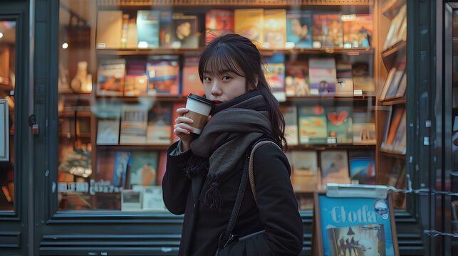 Asian woman in a black coat and scarf, holding a coffee cup to her face standing outside the window display of a bookstore with colorful book covers. The Paris street scene has dusk lighting.