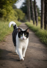 A black and white cat walking on a cobblestone street. generative al