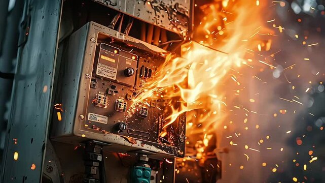 An aged, deteriorating electrical panel with a dangerous fire burning within, signifying neglect and potential risk