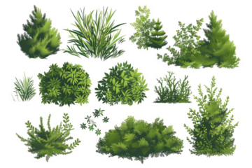 series of silhouettes of green bushes, figures on a white background.