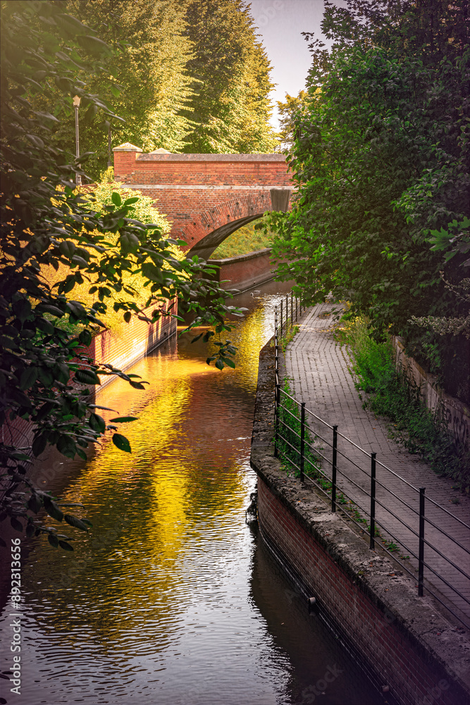 Wall mural Old brick gothic bridge over the canal and autumn trees