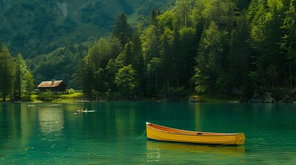 A yellow rowboat in the middle of an alpine lake with green water, there is one small house on land and some people swimming, surrounded by forested hills.