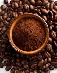 Bowl of ground coffee and beans isolated on white background, top view