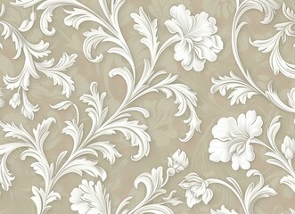 Light beige background with a white vintage floral pattern, white on light brown, elegant, suitable for various applications
