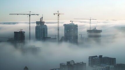 A misty urban landscape with tall skyscrapers and construction cranes. The cranes are set against the backdrop, looming over the mist that shrouds the city's lower regions.