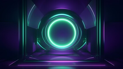3d rendering of green and purple abstract geometric background. Scene for advertising, technology, showcase, banner, game, sport, cosmetic, business, metaverse. Sci-Fi Illustration. Product display