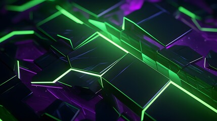 Obraz premium 3d rendering of green and purple abstract geometric background. Scene for advertising, technology, showcase, banner, game, sport, cosmetic, business, metaverse. Sci-Fi Illustration. Product display