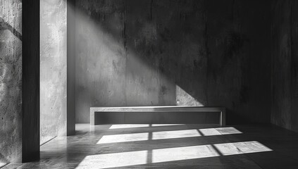 Minimalist Black and White Room with Concrete Walls and Sunlit Bench