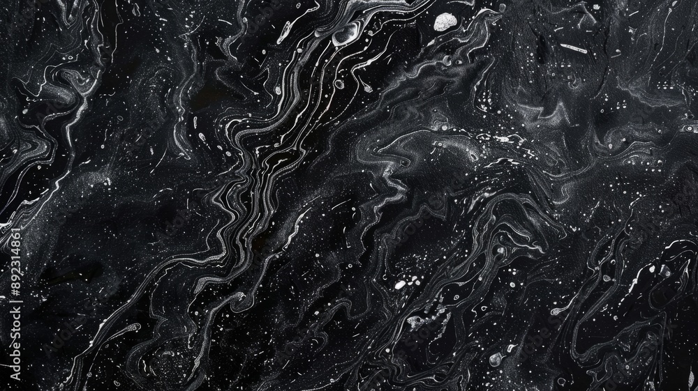 Poster this image features a close-up of black and white marble with intricate swirling patterns, represent