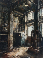 A captivating image of an abandoned industrial interior, showcasing weathered concrete walls, rusty machinery, and natural light streaming through high windows. The scene evokes a sense of history, de