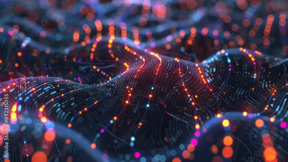 Poster a digital landscape with glowing lines and points representing data flow, connection, and network, s