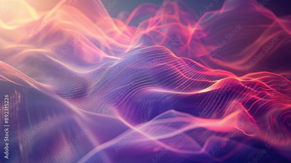 Poster abstract digital landscape with flowing lines and waves, symbolizing digital flow, data visualizatio