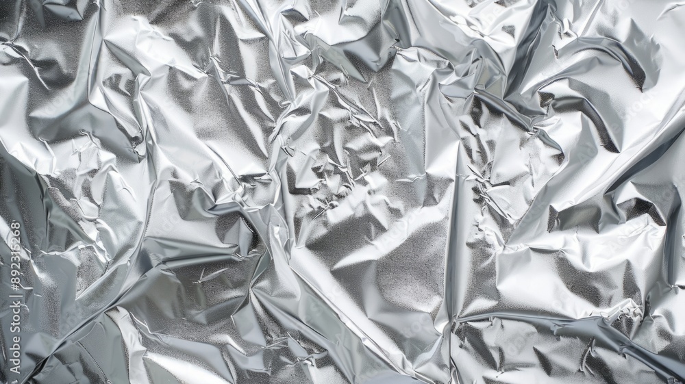 Poster a close-up shot of silver foil, crumpled and folded, creating a unique abstract texture. this image 