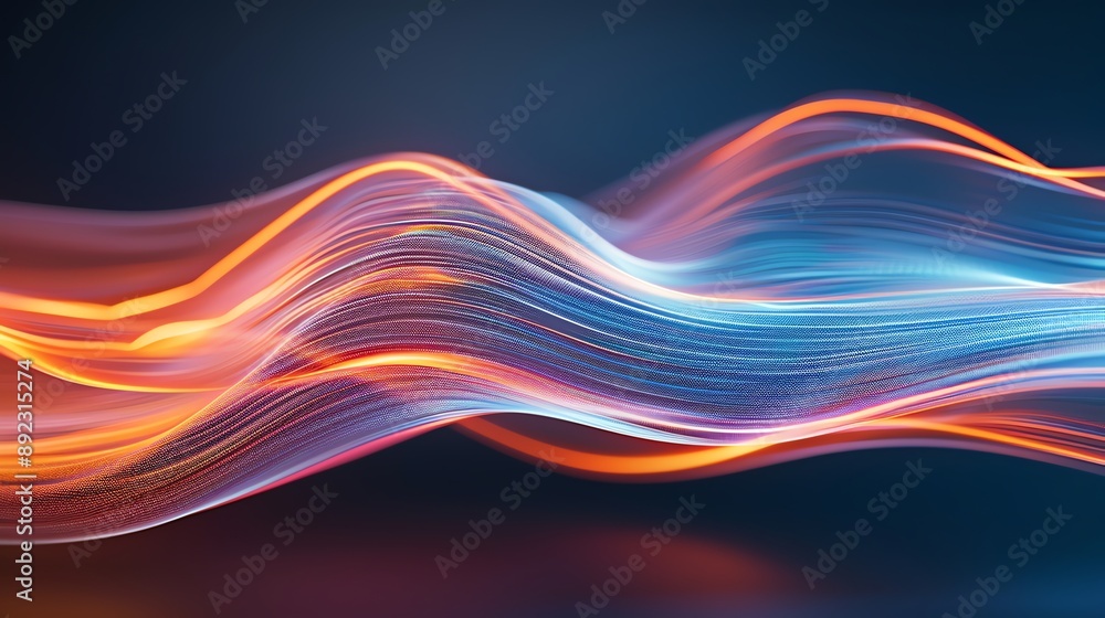 Poster abstract wave patterns created by vibrant light trails in blue and orange, evoking energy and dynami