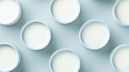 Top view of glass filled with fresh, creamy milk on a soft blue background, showcasing a clean and minimalist aesthetic.