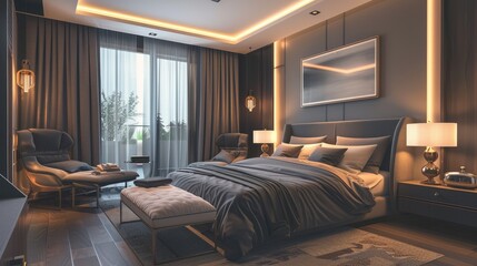 A bedroom with a large bed, a couch, and a TV