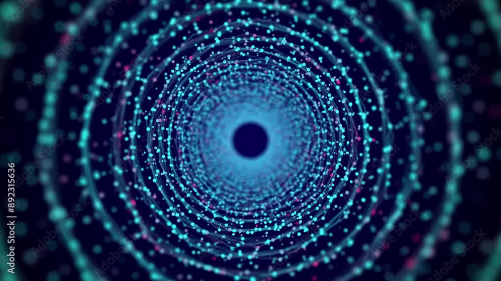Poster cyber tunnel consisting of moving glowing points. futuristic infinite space background. concept of d