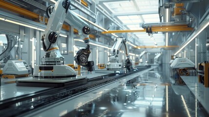 A modern automated factory with advanced robotic arms working on a production line, symbolizing efficiency, technology, automation, industrial innovation, and the future of manufacturing.