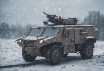 An armored vehicle patrolling a snowy battlefield, under a cold, overcast sky, with heavy snowfall
