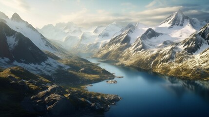 Obraz premium Majestic snow-capped mountains reflecting in a pristine alpine lake, serene wilderness landscape with copy space, perfect for nature, travel, and outdoor adventure themes.