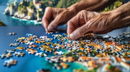 Doing a jigsaw puzzle on a large table with a scenic picture