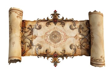 An ancient scroll with ornate illustrations, suitable for historical or fantasy settings