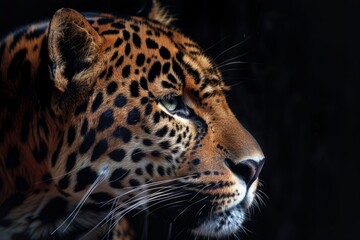 Obraz premium A majestic leopard's profile, showcasing its powerful gaze and intricate spotted coat against a dark background, representing strength, beauty, and the wild.