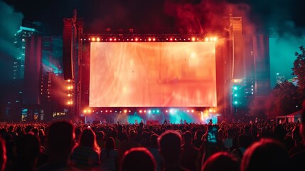 blank billboard illuminated by stage lights at a music festival venue during a nighttime concert