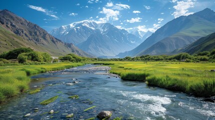 breathtaking mountain landscape with a clear blue sky and a river flowing through a lush green valley, capturing the beauty of nature and the importance of environmental conservation