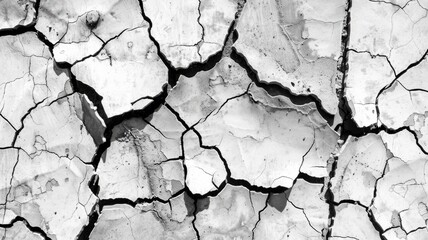Obraz premium A close-up abstract texture of cracked dry earth in black and white, symbolizing fragility, vulnerability, drought, age, and resilience.
